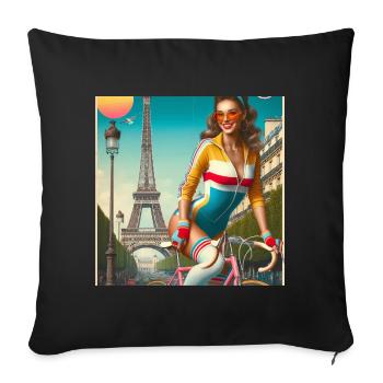 Belle jeune fille à vélo devant la tour Eiffel - Housse de coussin décorative 45 x 45 cm - noir - Devant