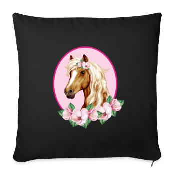 Cheval brun romantique - Fleurs roses - Housse de coussin décorative 45 x 45 cm - noir - Devant