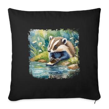 Mignon jeune blaireau avec téléphone portable, style de livre pour enfants - Housse de coussin décorative 45 x 45 cm - noir - Devant