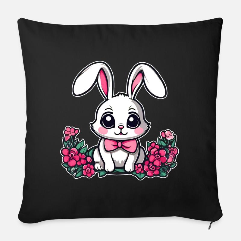 Mignon petit lapin avec des fleurs - Housse de coussin décorative 45 x 45 cm - noir