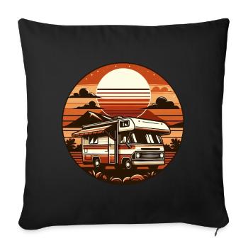 Caravane Camping Vacances Vintage Rond Coucher de soleil - Housse de coussin décorative 45 x 45 cm - noir - Devant