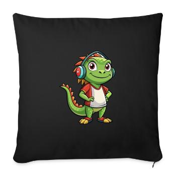 Iguana Funny Cartoon Character Headphone Music - Sofa pillowcase 17,3'' x 17,3'' (45 x 45 cm) - black - Front