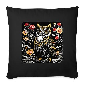 Hibou avec des vrilles de pétales de rose en aspect gravure sur bois - Housse de coussin décorative 45 x 45 cm - noir - Devant