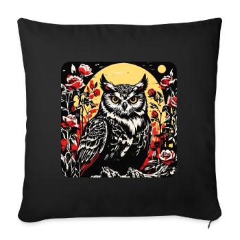 Hibou avec des vrilles de pétales de rose en aspect gravure sur bois - Housse de coussin décorative 45 x 45 cm - noir - Devant