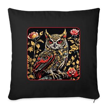 Hibou avec des vrilles de pétales de rose en aspect gravure sur bois - Housse de coussin décorative 45 x 45 cm - noir - Devant