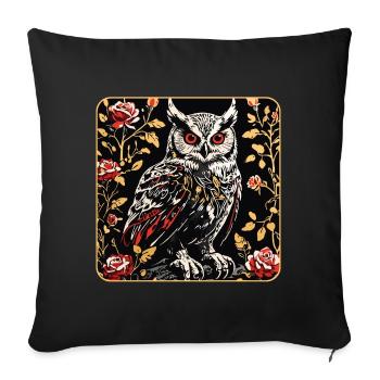 Hibou avec des vrilles de pétales de rose en aspect gravure sur bois - Housse de coussin décorative 45 x 45 cm - noir - Devant