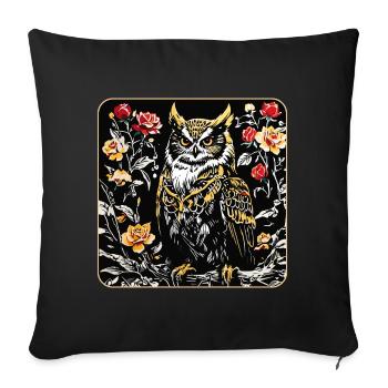 Hibou avec pétales de rose en aspect gravure sur bois - Housse de coussin décorative 45 x 45 cm - noir - Devant