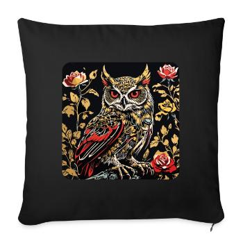 Hibou avec des vrilles de pétales de rose en aspect gravure sur bois - Housse de coussin décorative 45 x 45 cm - noir - Devant