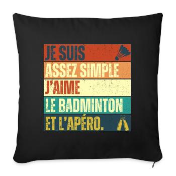 J' aime le badminton et l' apéro cadeau vintage - Housse de coussin décorative 45 x 45 cm - noir - Devant