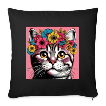 Chat avec des fleurs - Housse de coussin décorative 45 x 45 cm - noir - Devant