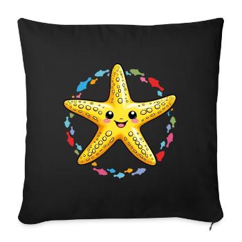Étoile de mer jaune riante avec de nombreux poissons - Housse de coussin décorative 45 x 45 cm - noir - Devant