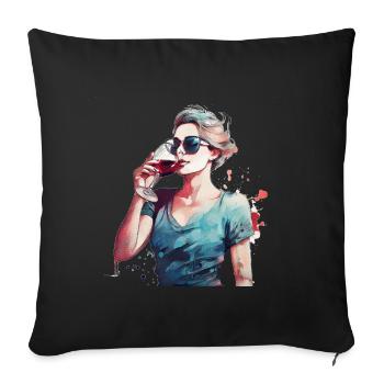 Frau trinkt roten Wein - Sofakissenbezug 45 x 45 cm - Schwarz - Vorne