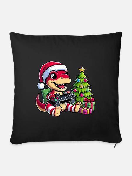 Weihnachten Dino Zocker und Gamer T Rex - Sofakissenbezug 45 x 45 cm - Schwarz