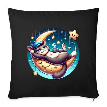 Chat endormi sur la lune avec des étoiles - Housse de coussin décorative 45 x 45 cm - noir - Devant