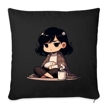Personnage d’anime confortable avec boisson chaude - Housse de coussin décorative 45 x 45 cm - noir - Devant