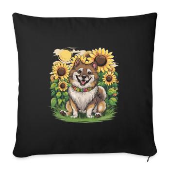 Cute Wolfspitz with sunflowers. - Sofa pillowcase 17,3'' x 17,3'' (45 x 45 cm) - black - Front