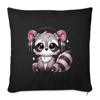 Niedlicher Waschbär mit Kopfhörern Cartoon - Sofakissenbezug 45 x 45 cm - Schwarz - Vorne