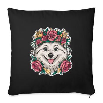 Spitz Samoyède doux aux roses et aux lys - Housse de coussin décorative 45 x 45 cm - noir - Devant