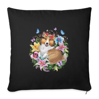 Sheltie mit Orchideen, Lillien und Schmetterlingen - Sofakissenbezug 45 x 45 cm - Schwarz - Vorne