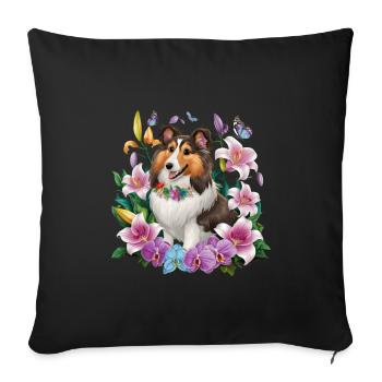 Sheltie with orchids, lilies and butterflies - Sofa pillowcase 17,3'' x 17,3'' (45 x 45 cm) - black - Front