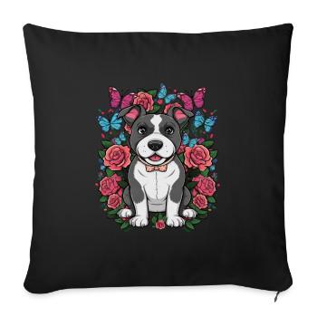 Dessin animé mignon Staffordshire bull terrier avec des roses - Housse de coussin décorative 45 x 45 cm - noir - Devant