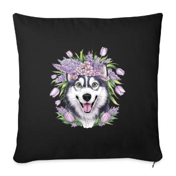Dessin animé Husky avec des tulipes, lilas pour les fans de husky - Housse de coussin décorative 45 x 45 cm - noir - Devant