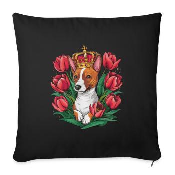Cartoon Basenji Dog with Crown and Tulips - Sofa pillowcase 17,3'' x 17,3'' (45 x 45 cm) - black - Front