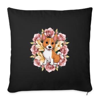 Basenji Hund mit Rosen und Lillien - Sofakissenbezug 45 x 45 cm - Schwarz - Vorne