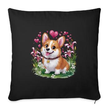Cute cartoon corgi with lilies and hearts - Sofa pillowcase 17,3'' x 17,3'' (45 x 45 cm) - black - Front