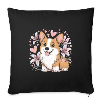 Mignon corgi de dessin animé avec des lys et des coeurs - Housse de coussin décorative 45 x 45 cm - noir - Devant