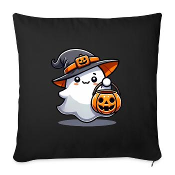 Fantôme mignon avec chapeau de sorcière citrouille - Housse de coussin décorative 45 x 45 cm - noir - Devant