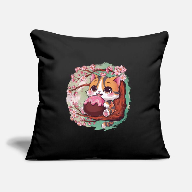 Mignon chat Kawaii avec Hanami Dango + fleurs de cerisier Housse de coussin décorative 45 x 45 cm