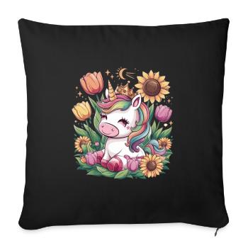 Kawaii unicorn with crown, tulips and sunflowers - Sofa pillowcase 17,3'' x 17,3'' (45 x 45 cm) - black - Front