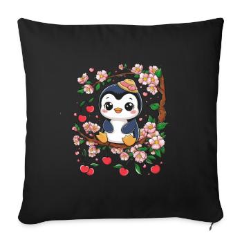 Dessin animé Kawaii Pingouin aux cerises - Housse de coussin décorative 45 x 45 cm - noir - Devant
