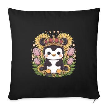Kawaii Penguin with Crown, Tulips and Sunflowers - Sofa pillowcase 17,3'' x 17,3'' (45 x 45 cm) - black - Front