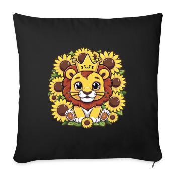 Dessin animé Kawaii lion avec couronne et tournesols - Housse de coussin décorative 45 x 45 cm - noir - Devant