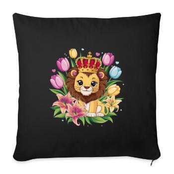 Lion kawaii avec couronne, tulipes et lys - Housse de coussin décorative 45 x 45 cm - noir - Devant