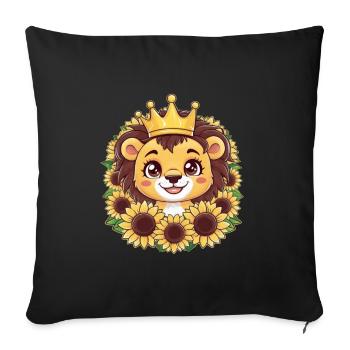 Dessin animé Kawaii lion avec couronne et tournesols - Housse de coussin décorative 45 x 45 cm - noir - Devant