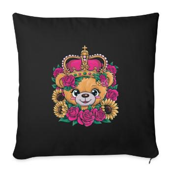 Ours en peluche kawaii avec couronne, roses et tournesols - Housse de coussin décorative 45 x 45 cm - noir - Devant
