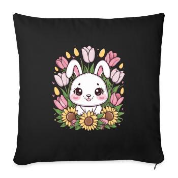 Kawaii bunny with tulips and sunflowers - Sofa pillowcase 17,3'' x 17,3'' (45 x 45 cm) - black - Front