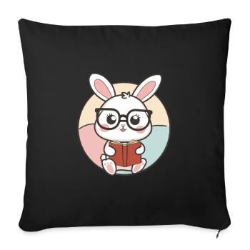 Lapin kawaii câlin avec lunettes et livre - Housse de coussin décorative 45 x 45 cm - noir - Devant