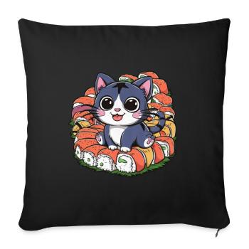 Mignon chat kawaii aime les sushis - Housse de coussin décorative 45 x 45 cm - noir - Devant