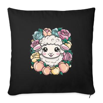 Mouton kawaii aux pêches et aux roses - Housse de coussin décorative 45 x 45 cm - noir - Devant