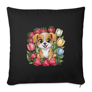 Chien de dessin animé kawaii avec des fraises et des tulipes - Housse de coussin décorative 45 x 45 cm - noir - Devant