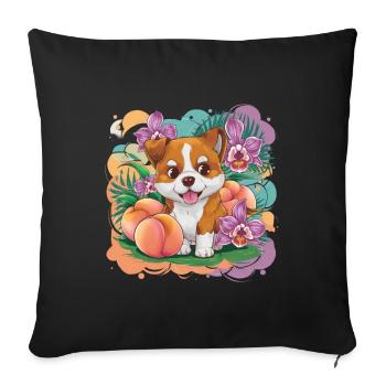 Chien de dessin animé kawaii avec pêche et orchidées - Housse de coussin décorative 45 x 45 cm - noir - Devant