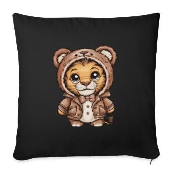 Lion kawaii dans le style dessin animé avec tenue d’ours en peluche - Housse de coussin décorative 45 x 45 cm - noir - Devant