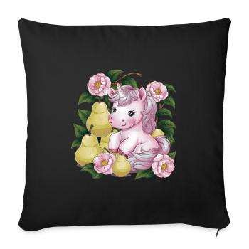 Licorne Kawaii avec Poires & Fleurs - Housse de coussin décorative 45 x 45 cm - noir - Devant