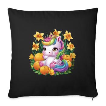 Licorne kawaii aux oranges et jonquilles - Housse de coussin décorative 45 x 45 cm - noir - Devant