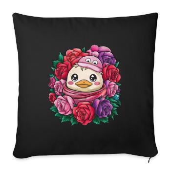Canard kawaii avec des roses colorées - Housse de coussin décorative 45 x 45 cm - noir - Devant