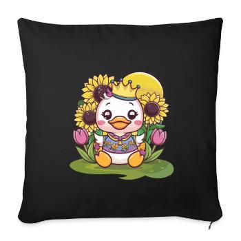 Kawaii duck with crown, tulips and sunflowers - Sofa pillowcase 17,3'' x 17,3'' (45 x 45 cm) - black - Front